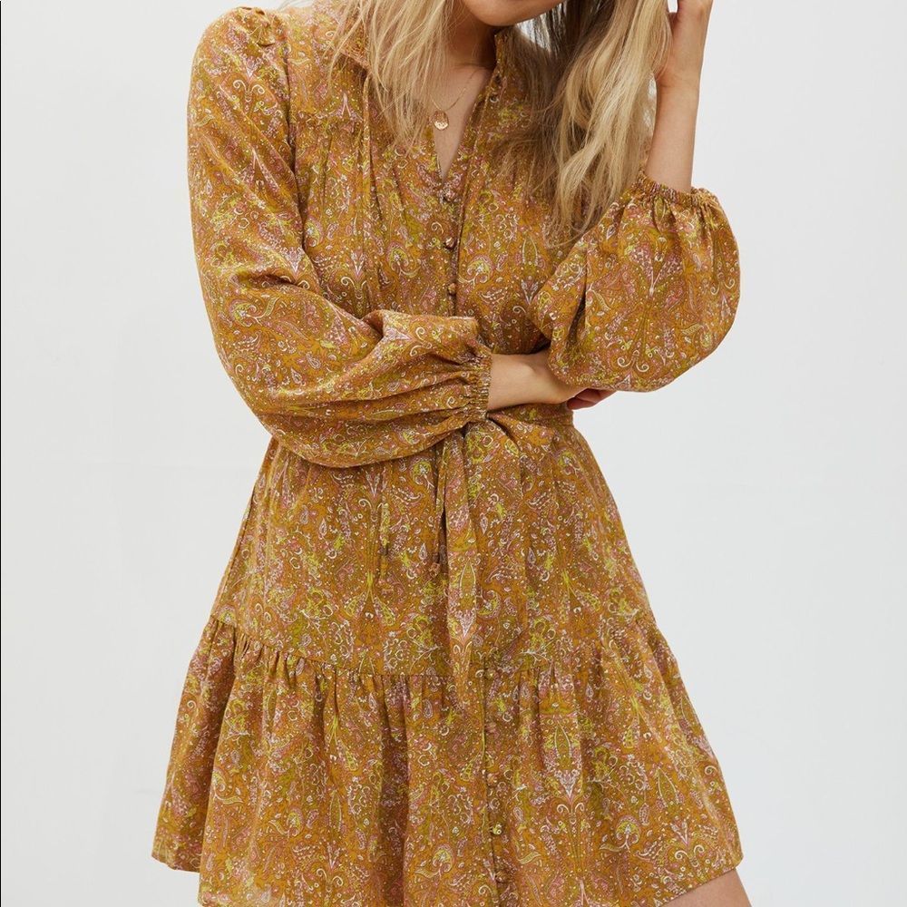 Anthropologie Calanthe Mini Belted Button Mini Shirtdress X-SMALL Gold